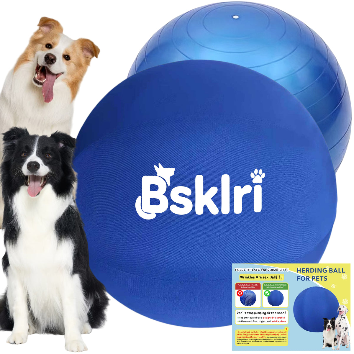 Blue herding ball for dogs with durable nylon cover