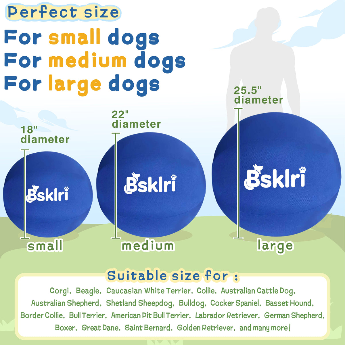 18, 22 and 25.5 inch dog herding ball size guide